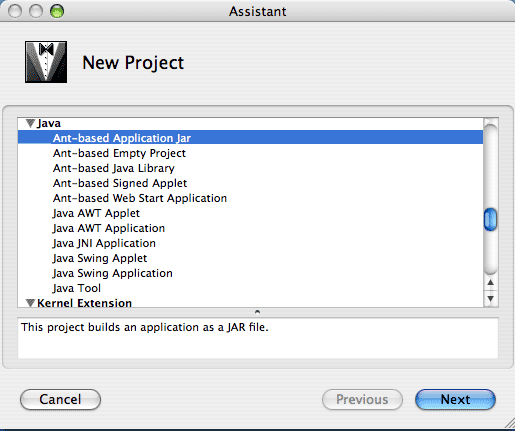 Figure showing the New Project wizard, with Ant-Based Application Jar selected