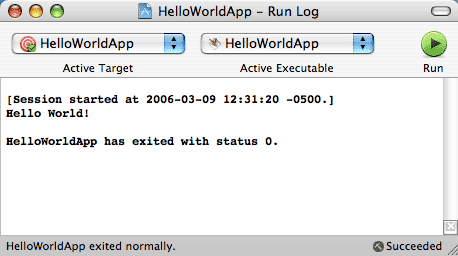 Output of the application, printing Hello World! to the screen