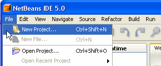 NetBeans IDE with the File | New Project menu item selected.